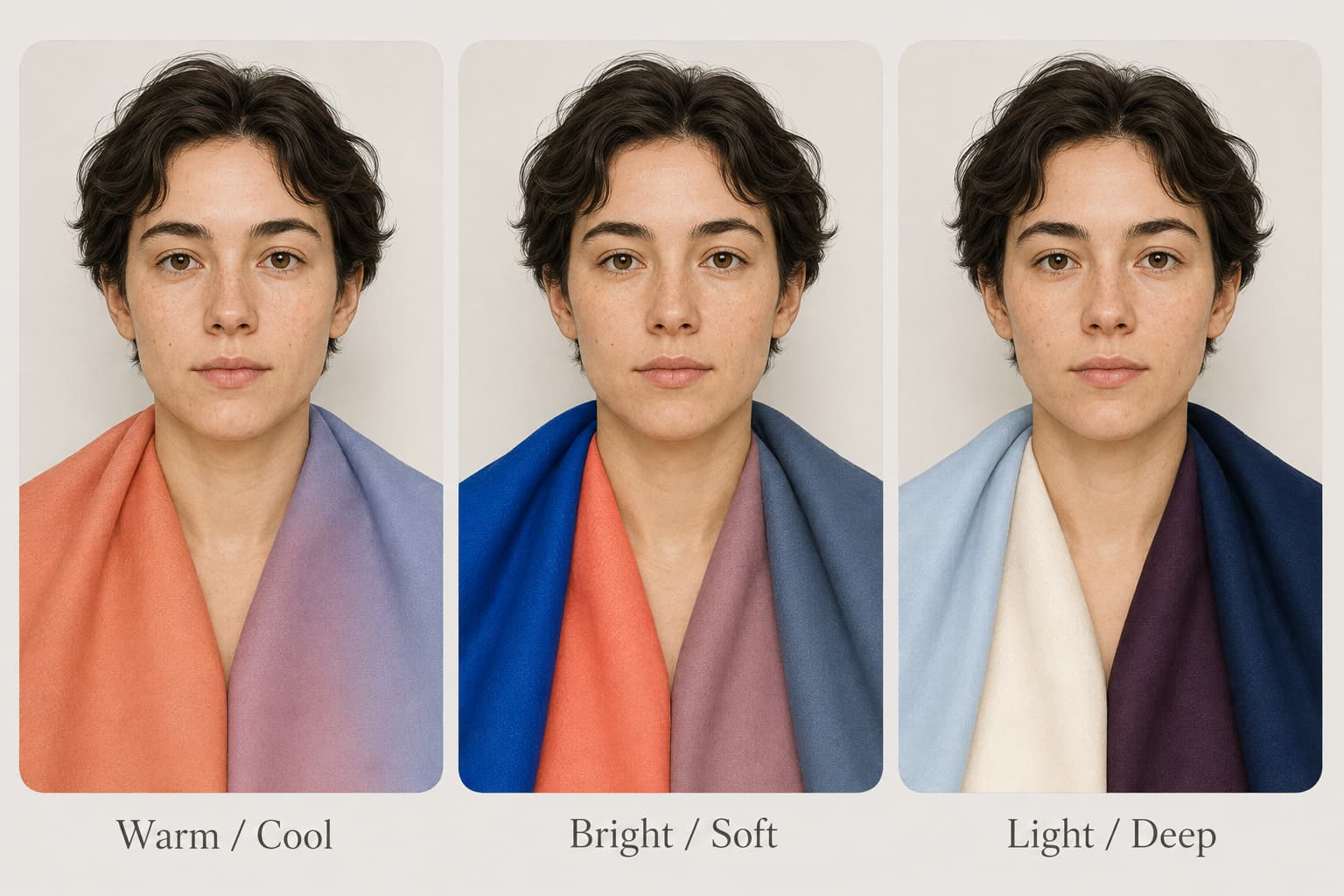 Three fabric-drape comparisons showing warm versus cool, bright versus soft, and light versus deep color dimensions near the same face.
