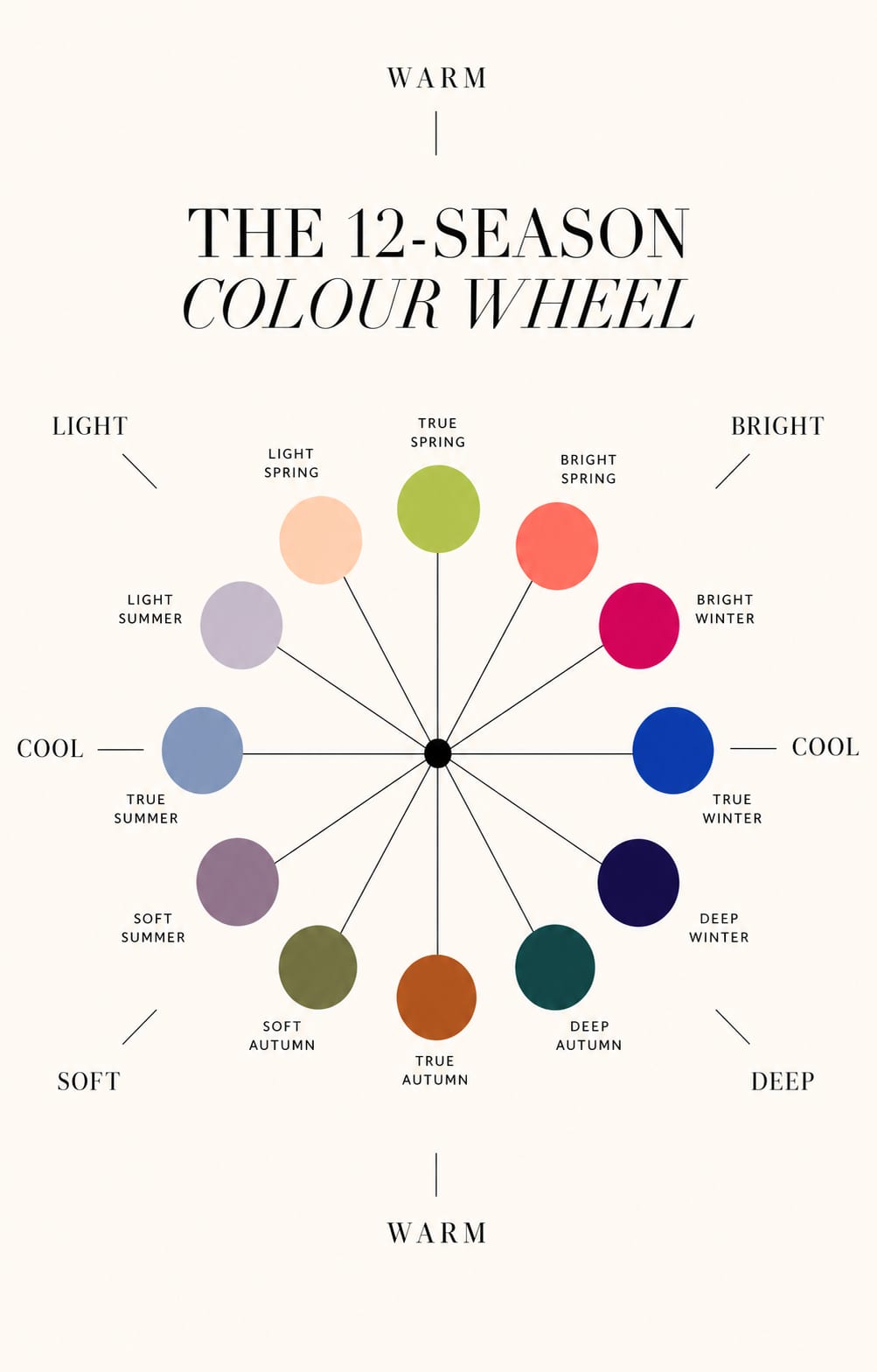 A 12-season colour wheel showing Light, True, and Bright Spring; Bright, True, and Deep Winter; Deep, True, and Soft Autumn; and Soft, True, and Light Summer.