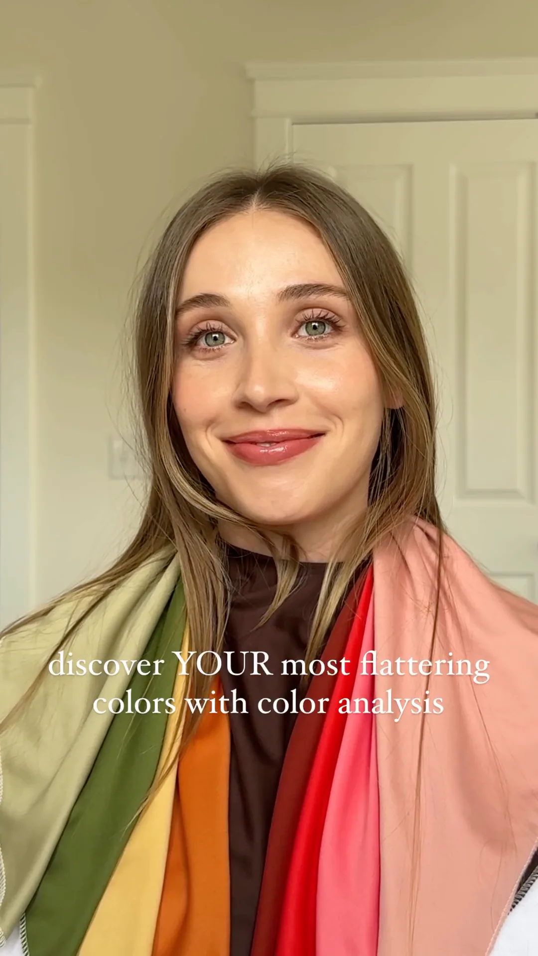 After color analysis, the same woman wears coordinated fabric drapes in warm, muted colors near her face.