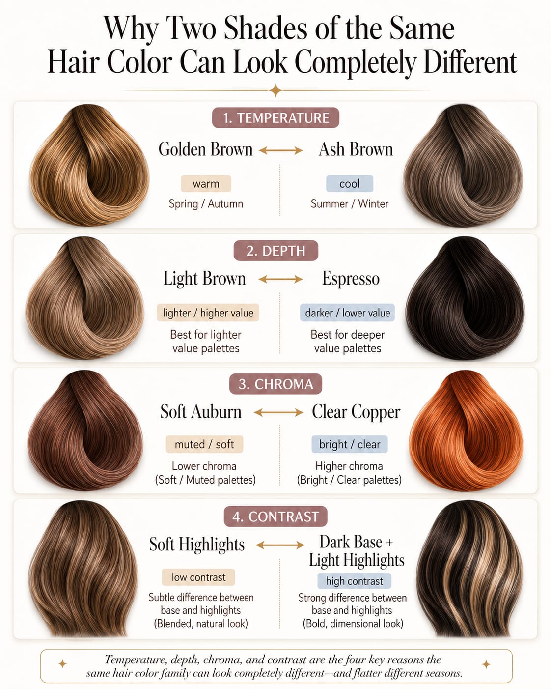 Hair color comparison showing how temperature, depth, chroma, and contrast change the effect of golden versus ash brown, light brown versus espresso, soft auburn versus clear copper, and subtle versus high-contrast highlights.