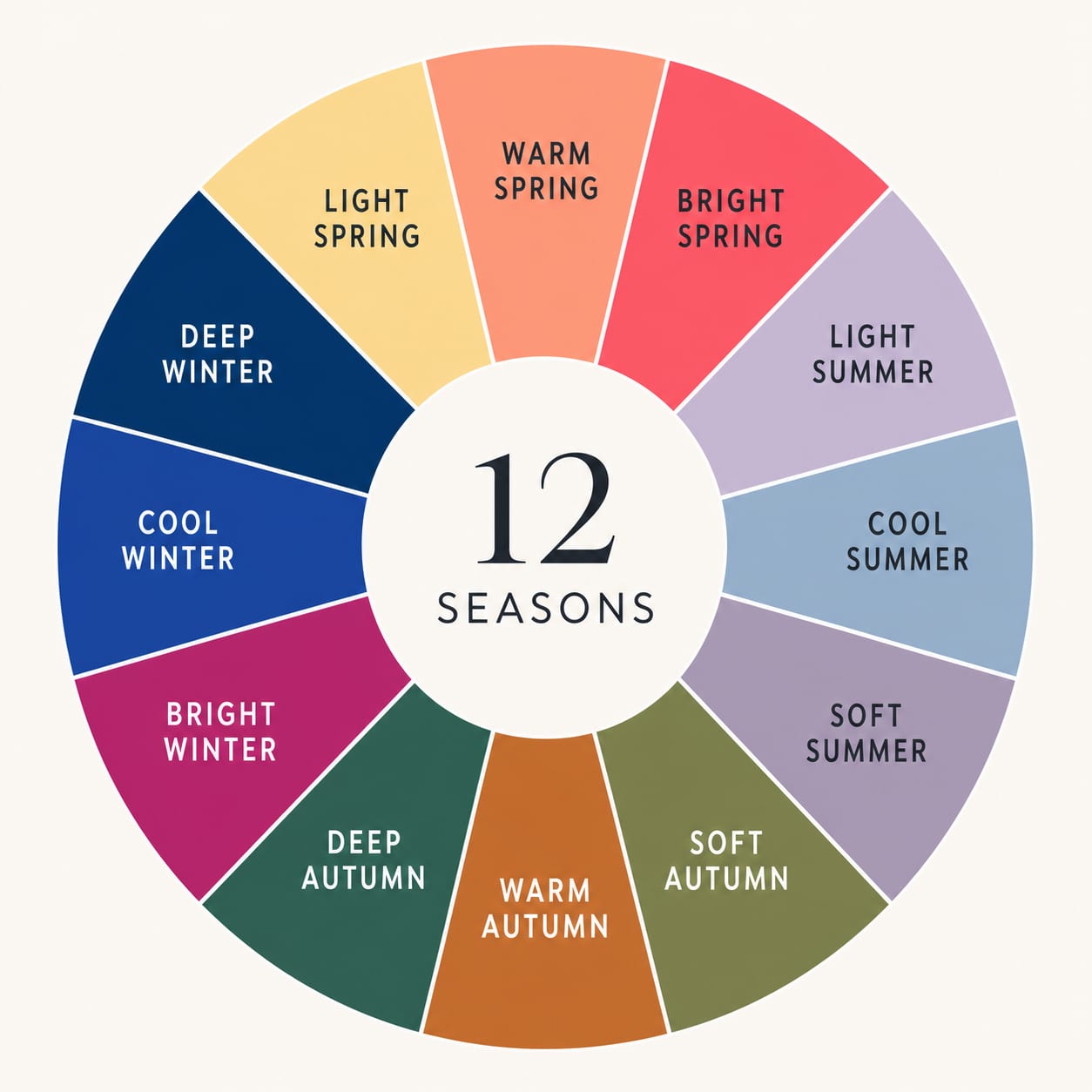 12-season color analysis wheel showing Light, Warm, and Bright Spring; Light, Cool, and Soft Summer; Soft, Warm, and Deep Autumn; and Deep, Cool, and Bright Winter