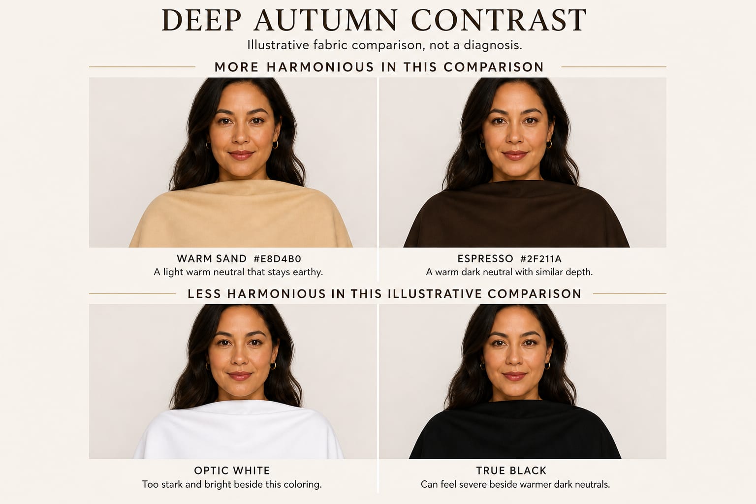 Illustrative Deep Autumn contrast comparison: warm sand and espresso drapes look more harmonious; optic white looks too stark, and true black can feel severe.