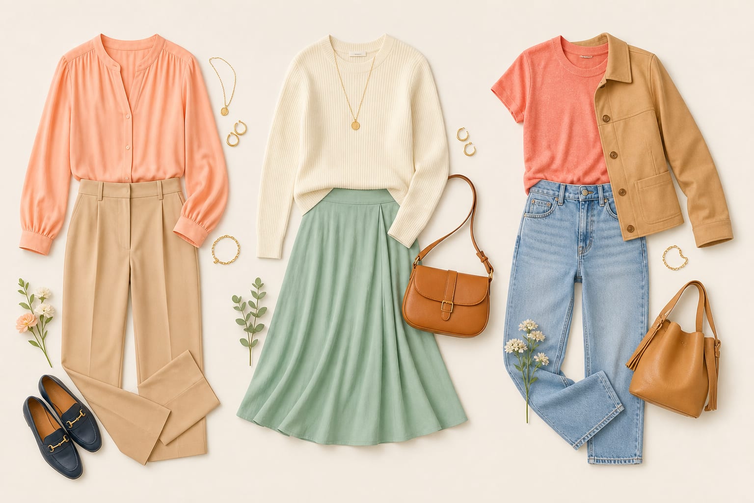 Three Light Spring flat-lay outfits combining peach, ivory, mint, coral, honey beige, camel, light blue denim, and gold accessories