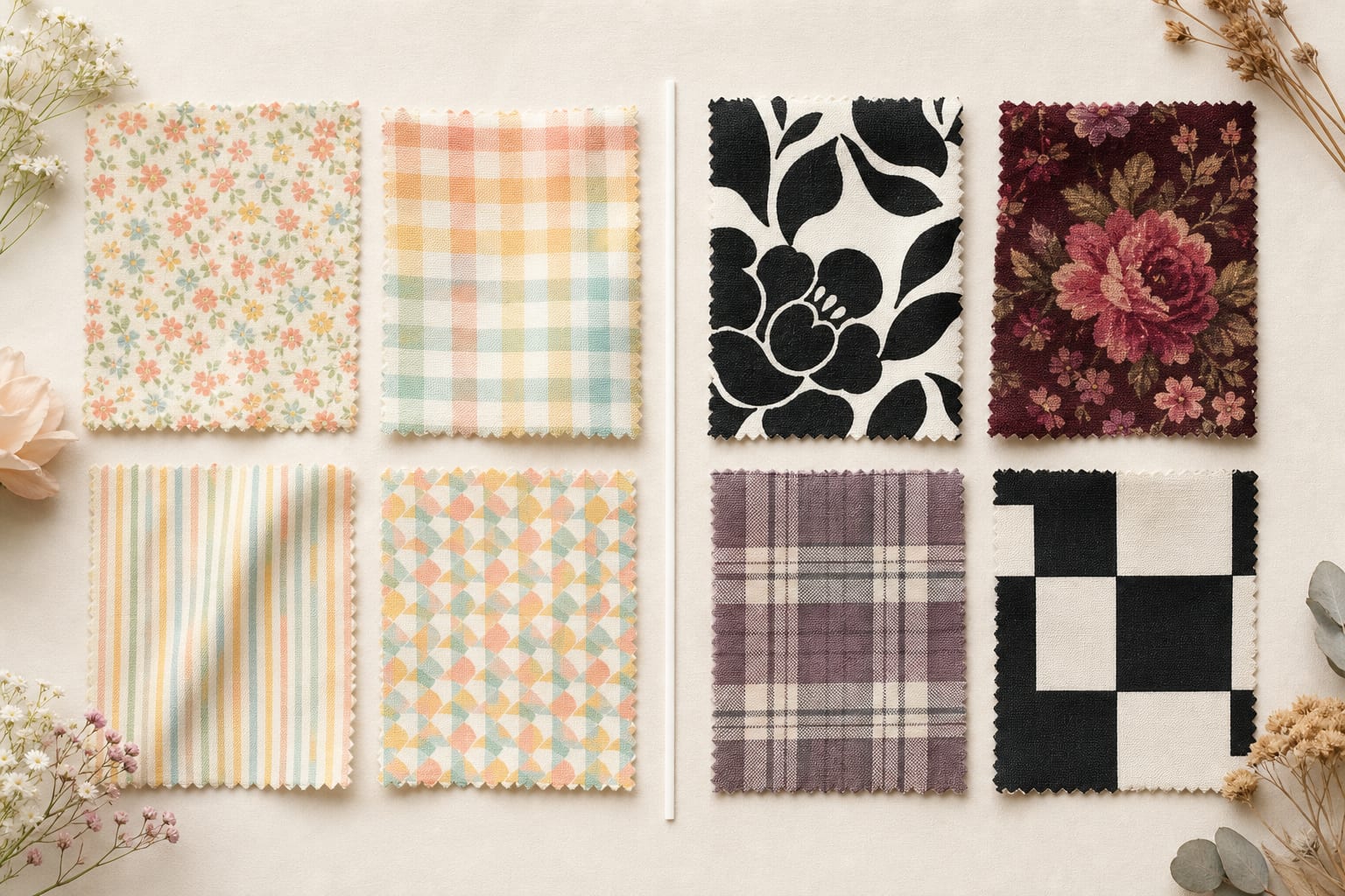 Light Spring-friendly small warm floral and check prints compared with black-and-white, burgundy, and dusty-mauve fabrics