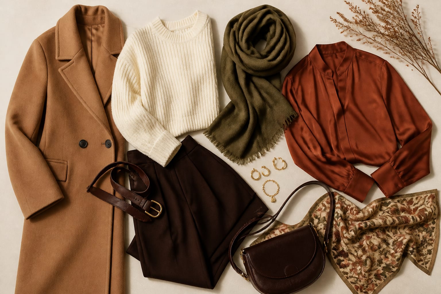 Warm Autumn capsule wardrobe flat-lay with a camel coat, cream knit, olive scarf, rust blouse, chocolate trousers, antique gold jewellery, brown leather bag, and muted botanical scarf.