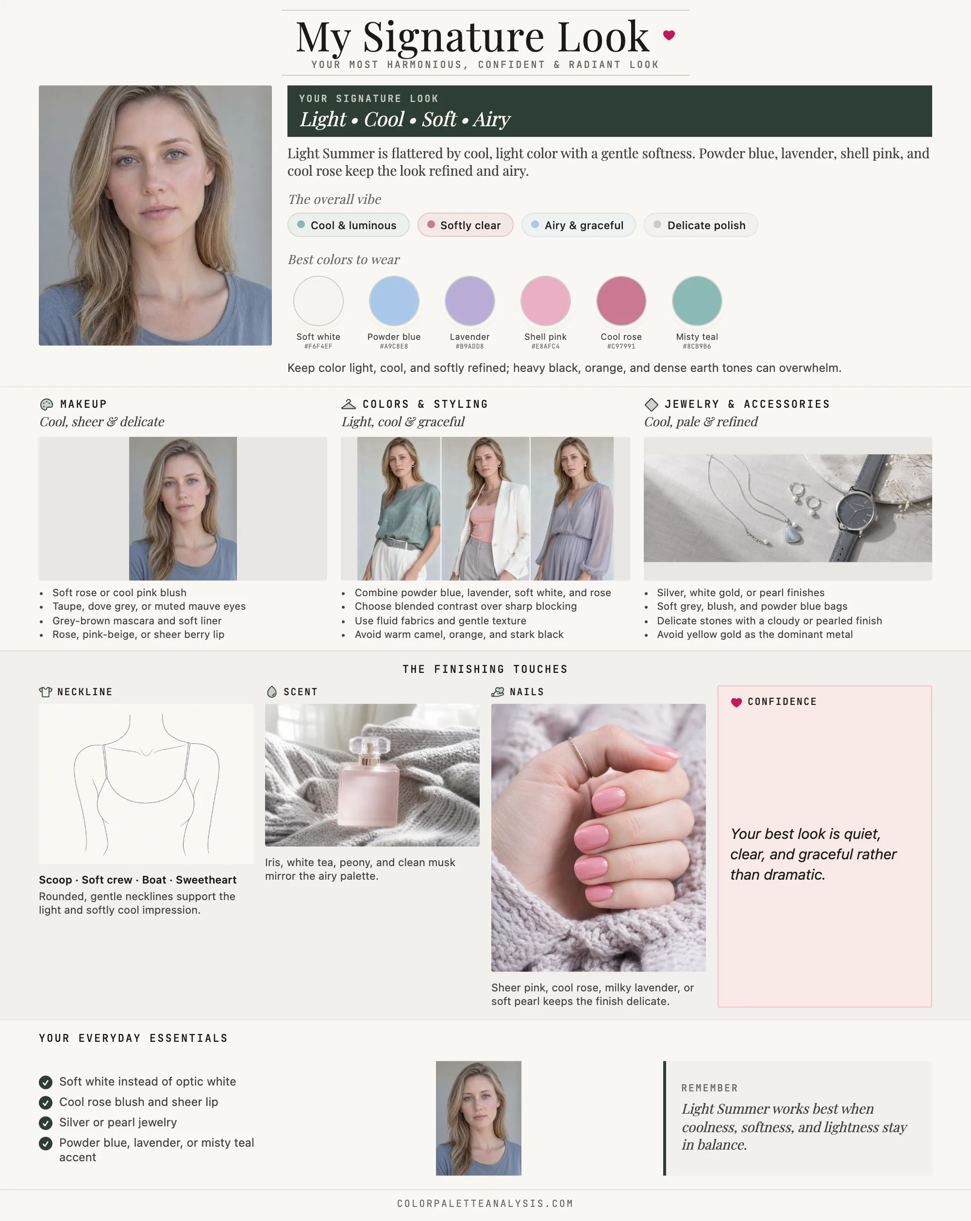 Close-up of a sample Light Summer report showing a portrait, color palette, makeup, and styling guidance