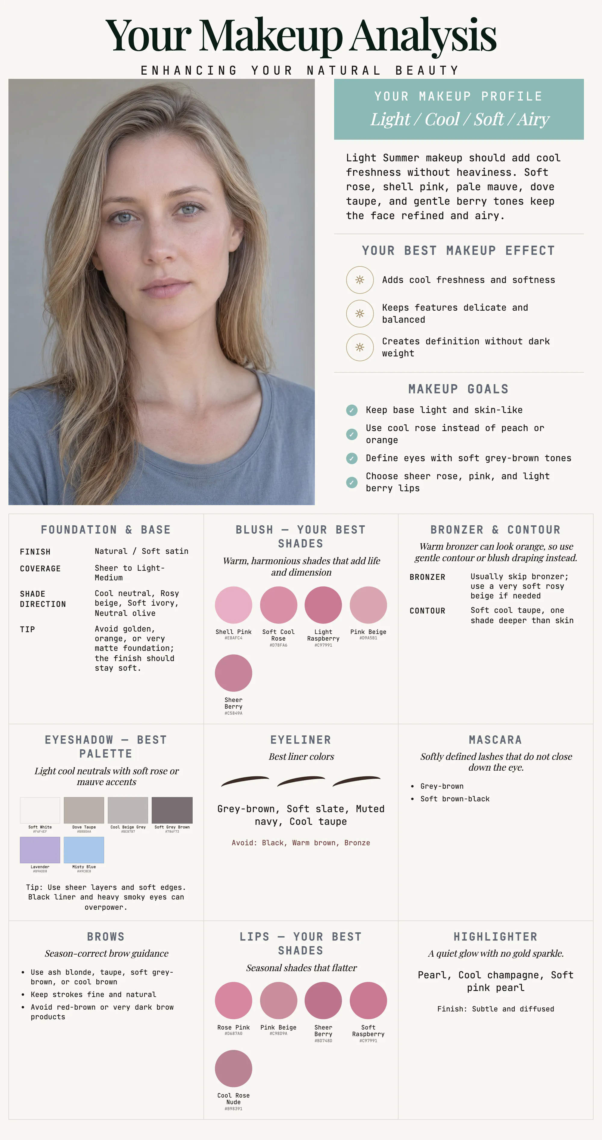 Makeup analysis page from a sample Light Summer color analysis report