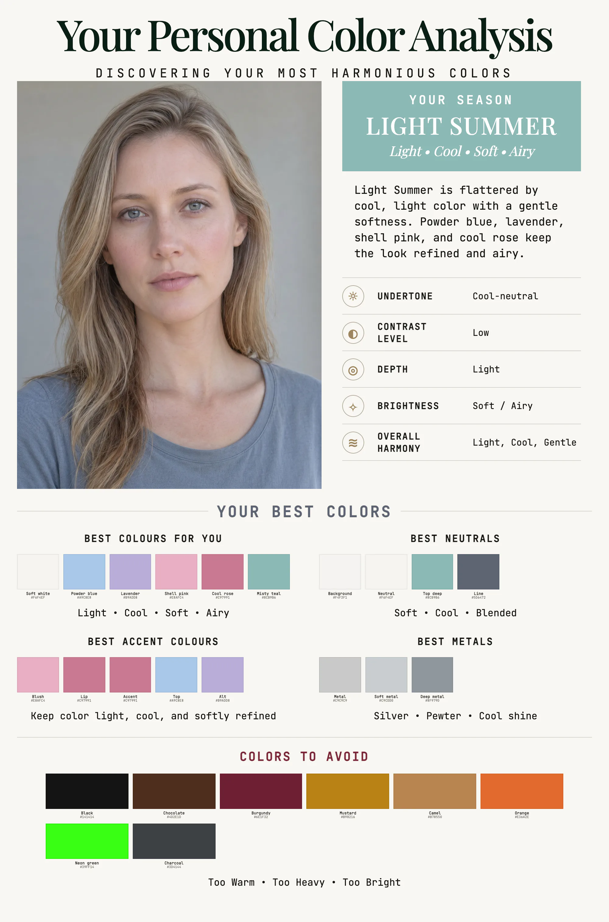 Color analysis page from a sample Light Summer color analysis report