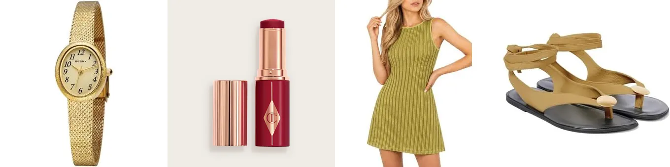 Autumn product examples: dress, blazer, blush, and makeup