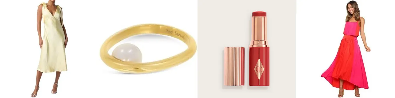Spring product examples: dress, blazer, blush, and makeup