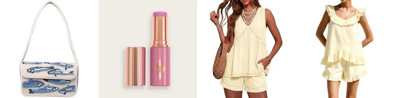 Summer product examples: dress, blazer, blush, and makeup