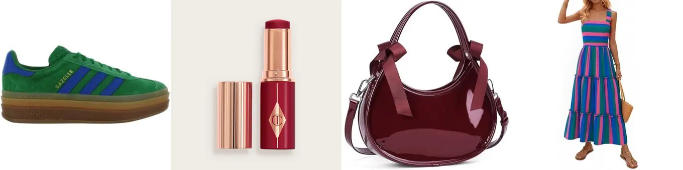 Winter product examples: dress, blazer, blush, and makeup