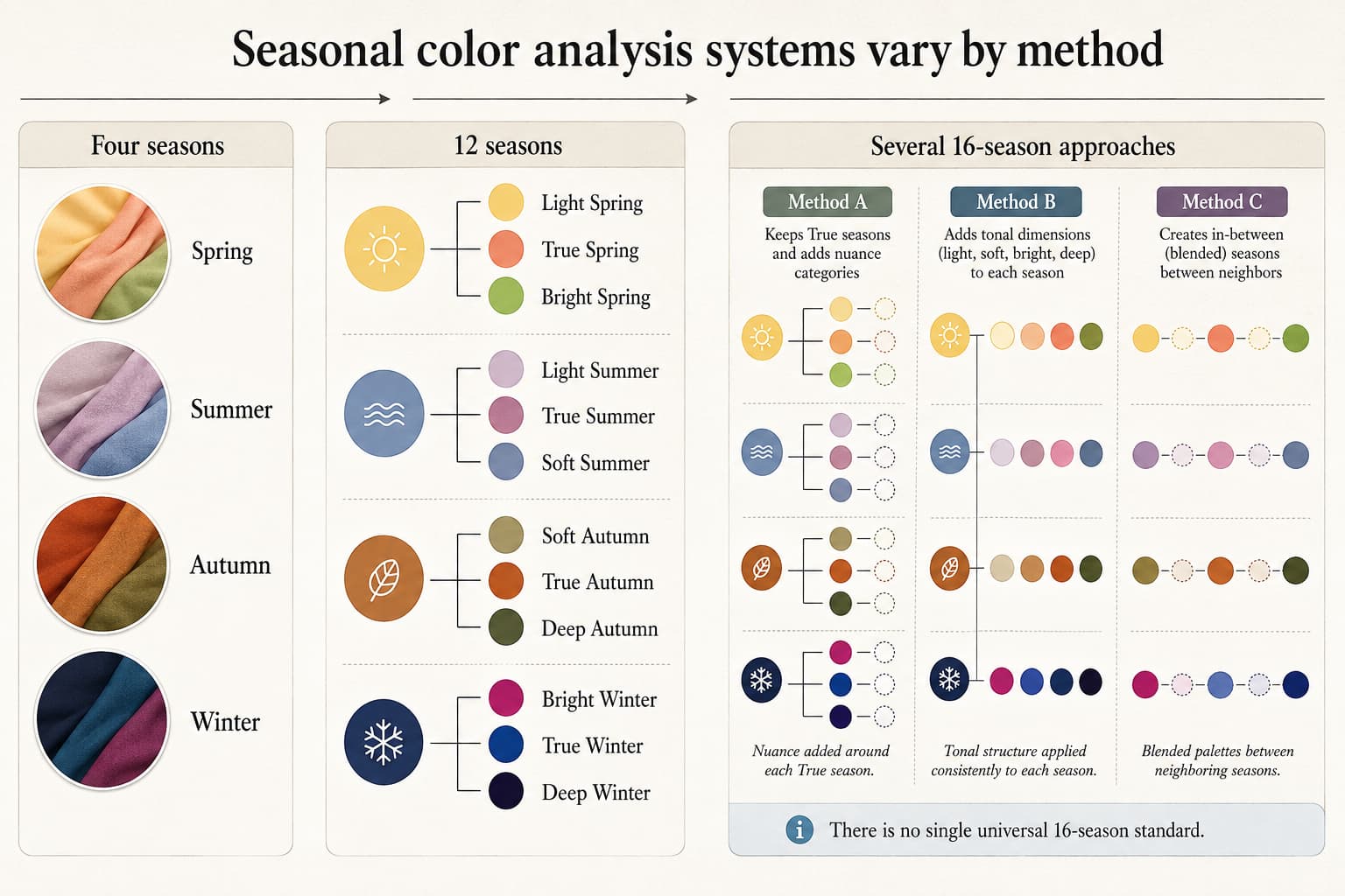 Diagram showing four seasons becoming 12 seasons, then several different 16-season analysis approaches.